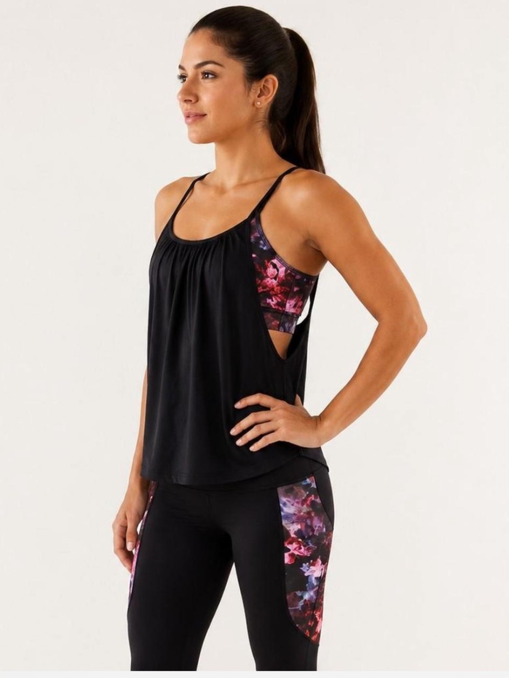 Lululemom Floral Activewear Set Power Y Tank Sz 10 with Crop Leggings Sz 8